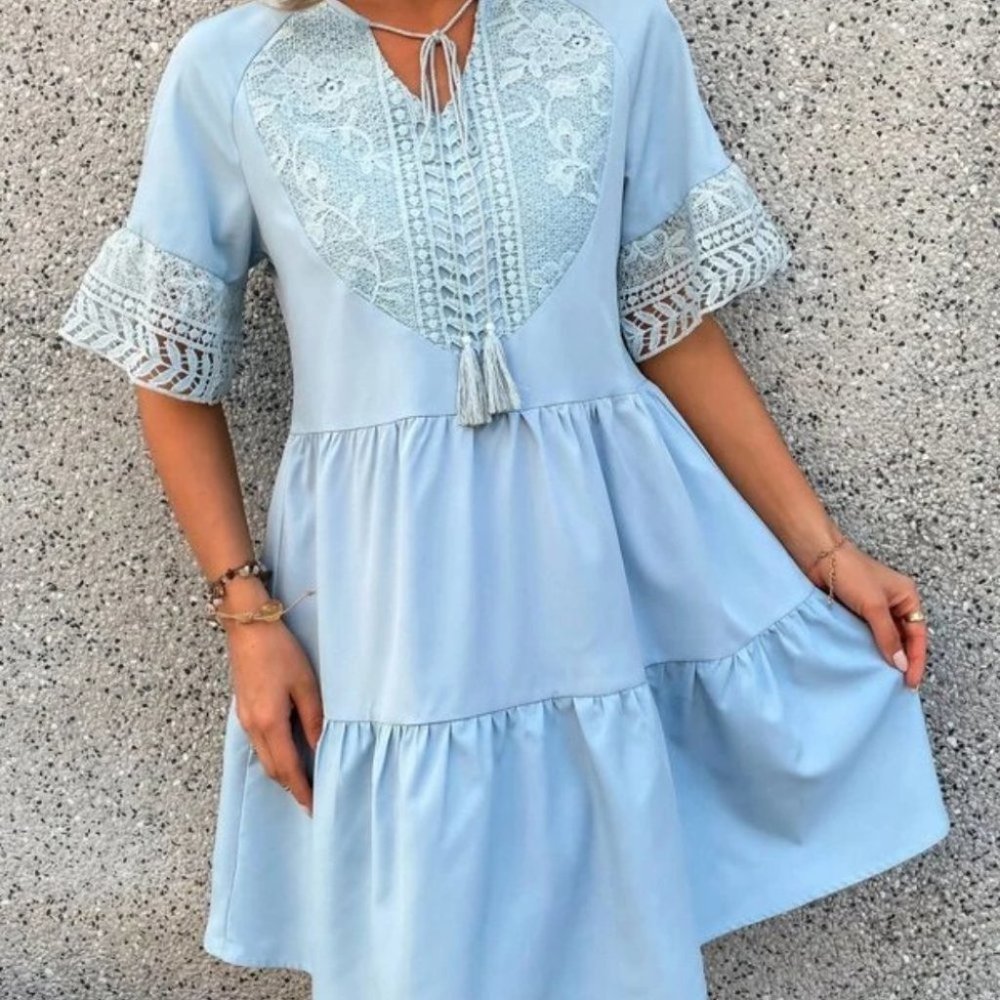 Tassel Tie Ruffle Hem lace detailed mini Dress - Picture 7 of 7